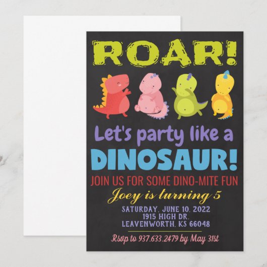 Roar Dinosaurus Verjaardag Uitnodiging (Voorkant / Achterkant)