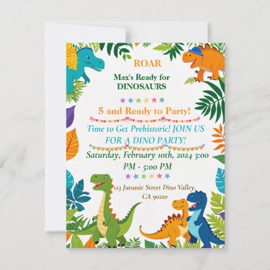 Roar Dinosaurus Verjaardagsfeestje Uitnodiging (Voorkant)
