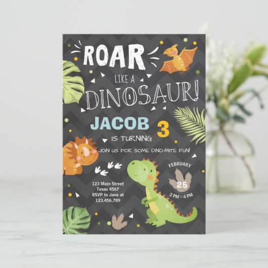 Roar Dinosaurus verjaardagsuitnodiging Dino Party  Kaart (Staand voorkant)