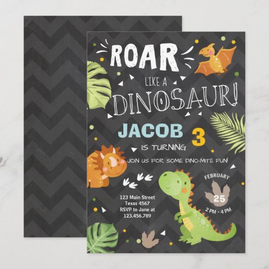 Roar Dinosaurus verjaardagsuitnodiging Dino Party  Kaart (Voorkant / Achterkant)
