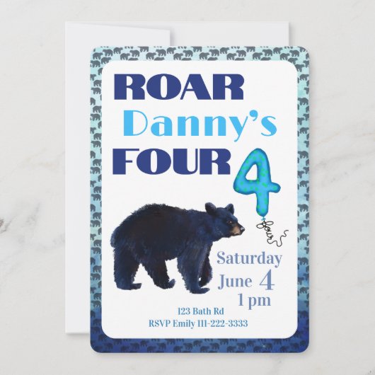 Roar Four Bear 4th Birthday Invitation Kaart (Voorkant)