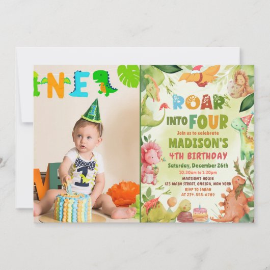 Roar Four Dinosaur Greenery 4e verjaardag foto Kaart (Voorkant)