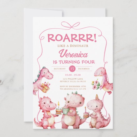 ROAR Girl T-Rex Dinosaur Pink Bow Verjaardagsfeest Kaart (Voorkant)