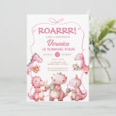 ROAR Girl T-Rex Dinosaur Pink Bow Verjaardagsfeest Kaart (Staand voorkant)