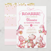 ROAR Girl T-Rex Dinosaur Pink Bow Verjaardagsfeest Kaart (Voorkant / Achterkant)