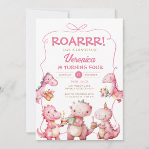 ROAR Girl T-Rex Dinosaur Pink Bow Verjaardagsfeest Kaart