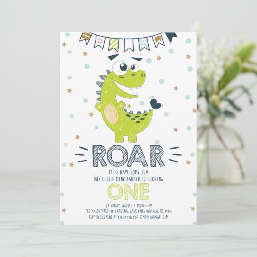 ROAR Green Dinosaur eerste verjaardag Kaart (Staand voorkant)