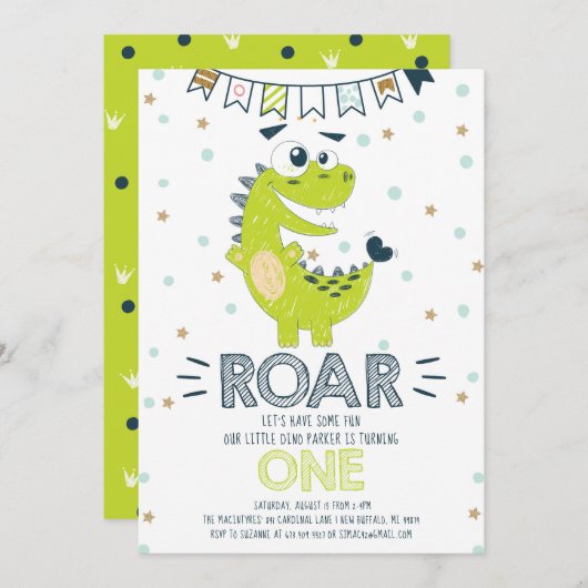 ROAR Green Dinosaur eerste verjaardag Kaart (Voorkant / Achterkant)