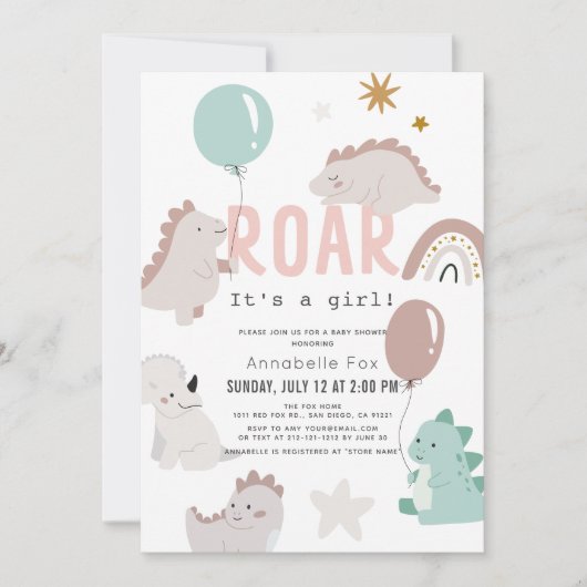 Roar Het is een Girl Pink Dinosaur Baby shower Kaart (Voorkant)