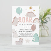 Roar Het is een Girl Pink Dinosaur Baby shower Kaart (Staand voorkant)