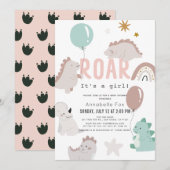 Roar Het is een Girl Pink Dinosaur Baby shower Kaart (Voorkant / Achterkant)
