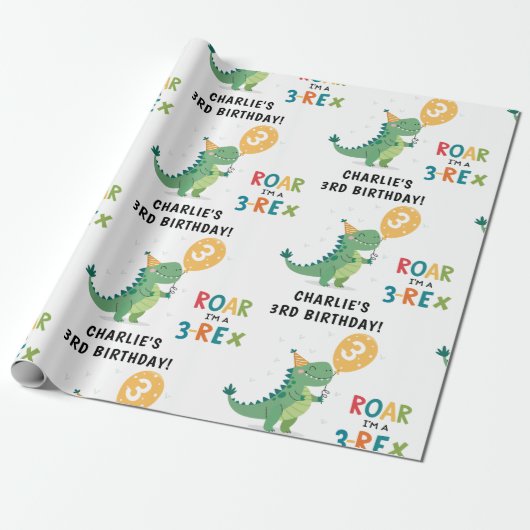 Roar Ik ben een 3-Rex Kinder derde verjaardag part Cadeaupapier (Uitgerold)