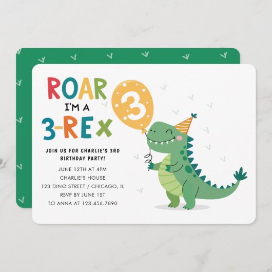 Roar Ik ben een 3-Rex Kinder derde verjaardag part Kaart (Voorkant / Achterkant)
