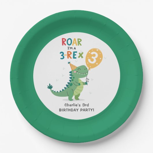 Roar Ik ben een 3-Rex Kinder derde verjaardag part Papieren Bordje (Voorkant)