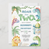Roar in tweeën! Dinosaur 2e verjaardag uitnodiging (Voorkant)