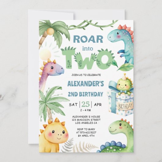 Roar in tweeën! Dinosaur 2e verjaardag uitnodiging (Voorkant)