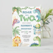 Roar in tweeën! Dinosaur 2e verjaardag uitnodiging (Staand voorkant)