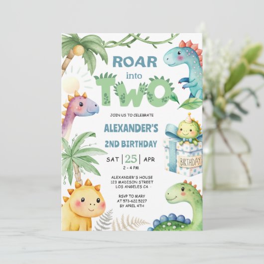 Roar in tweeën! Dinosaur 2e verjaardag uitnodiging (Staand voorkant)