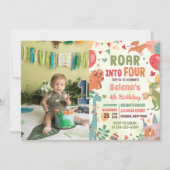 Roar In Vier Dinosaurus 4e Verjaardag Party Foto Kaart (Voorkant)