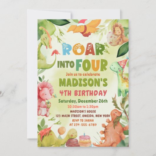 Roar In Vier Dinosaurus Groen 4e Verjaardag Kaart (Voorkant)