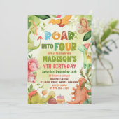 Roar In Vier Dinosaurus Groen 4e Verjaardag Kaart (Staand voorkant)
