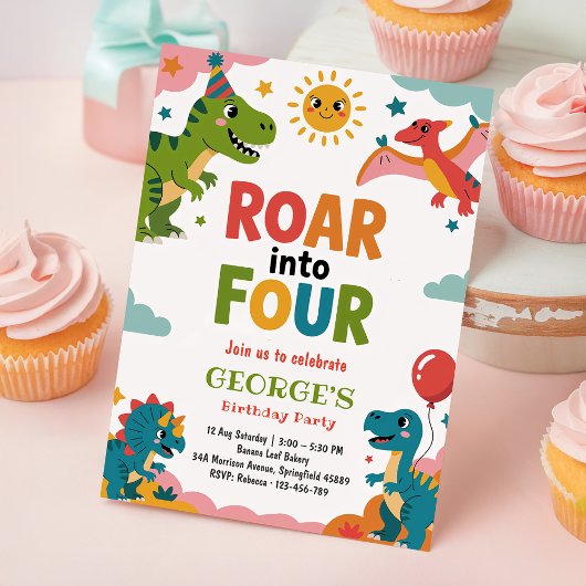 Roar Into Four Cute Dinosaurs 4th Birthday Party Kaart