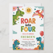 Roar Into Four Cute Dinosaurs 4th Birthday Party Kaart (Voorkant)