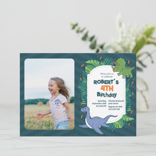 Roar into Fun! Dinosaur Birthday Invitation Templa Kaart (Staand voorkant)