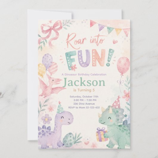 Roar Into Fun Dinosaur Invitation Editable Kaart (Voorkant)