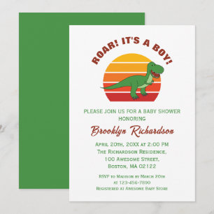 Roar is een Boy Retro Sunset Dinosaur Baby shower Kaart