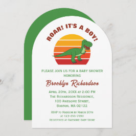 Roar is een Boy Retro Sunset Dinosaur Baby shower Kaart