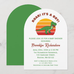 Roar is een Boy Retro Sunset Dinosaur Baby shower Kaart