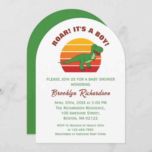 Roar is een Boy Retro Sunset Dinosaur Baby shower Kaart (Voorkant / Achterkant)
