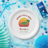 Roar It A Boy Dinosaur Baby shower Retro Sunset Papieren Bordje (Feest)