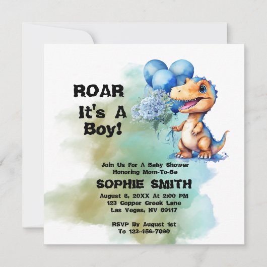 Roar It A Boy T-Rex Dinosaur Baby shower Square Kaart (Voorkant)