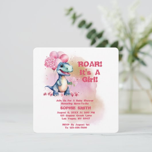 Roar It's A Girl T-Rex Baby Dinosaur Pink Kaart (Staand voorkant)