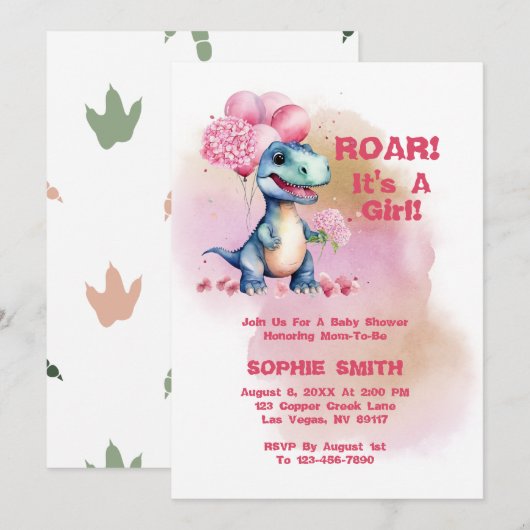 Roar It's A Girl T-Rex Baby Dinosaurus Kaart (Voorkant / Achterkant)