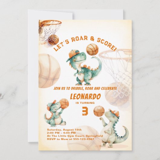 Roar & Score Basketball Dino Boy Birthday  Kaart (Voorkant)