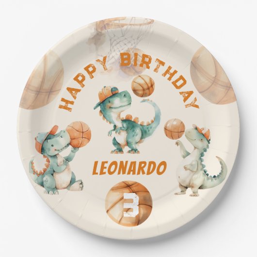 Roar & Score Basketball Dino Boy Birthday Papieren Bordje (Voorkant)
