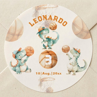 Roar & Score Basketball Dino Boy Birthday Ronde Sticker