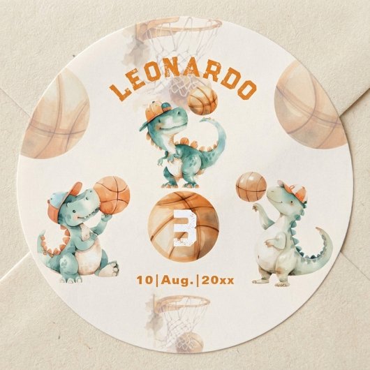 Roar & Score Basketball Dino Boy Birthday Ronde Sticker