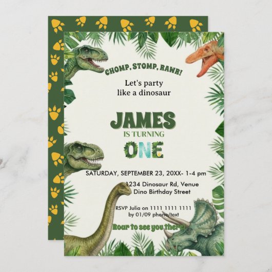 Roar-some Dinosaur 1st Birthday Invitation Kaart (Voorkant / Achterkant)