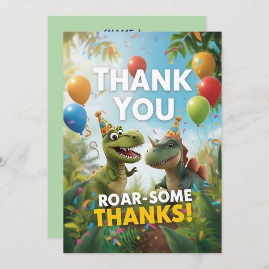 Roar-some Dinosaur Verjaardag Bedankt Card - Kinde (Voorkant / Achterkant)