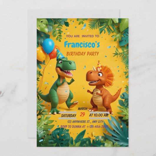 Roar-some Dinosaur Verjaardagsuitnodiging – Oerwou Kaart (Voorkant / Achterkant)