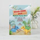 Roar-Some Fun, Dino 1st Birthday Kaart (Staand voorkant)