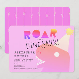 ROAR T-Rex Dinosaur Neon Pink Girl Birthday Kaart