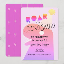 ROAR T-Rex Dinosaur Neon Pink Girl's Birthday Kaart
