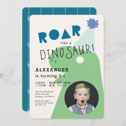 ROAR T-Rex Dinosaurus Navy Blue Photo Boy's Birthd Kaart (Voorkant / Achterkant)
