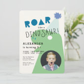 ROAR T-Rex Dinosaurus Navy Blue Photo Boy's Birthd Kaart (Staand voorkant)