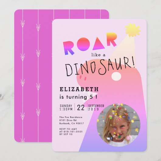 ROAR T-Rex Dinosaurus Neon Roze Foto Meisje Verjaa Kaart (Voorkant / Achterkant)